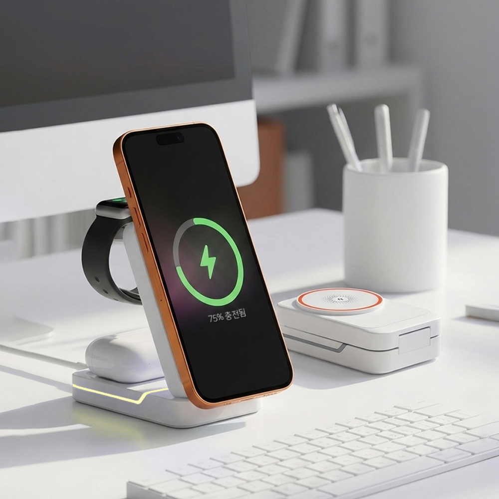 플러온 W2 접이식 무선충전 3in1 거치대 스마트폰 워치 이어폰 충전기